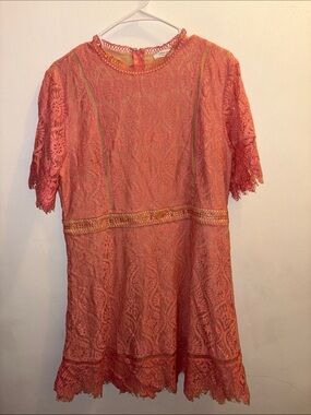 Coral Lace Midi Dress with Scalloped Hem